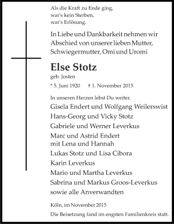 Anzeige von Else Stolz von Kölner Stadt-Anzeiger / Kölnische Rundschau / Express