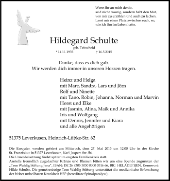Anzeige von Hildegard Schulte von Kölner Stadt-Anzeiger / Kölnische Rundschau / Express
