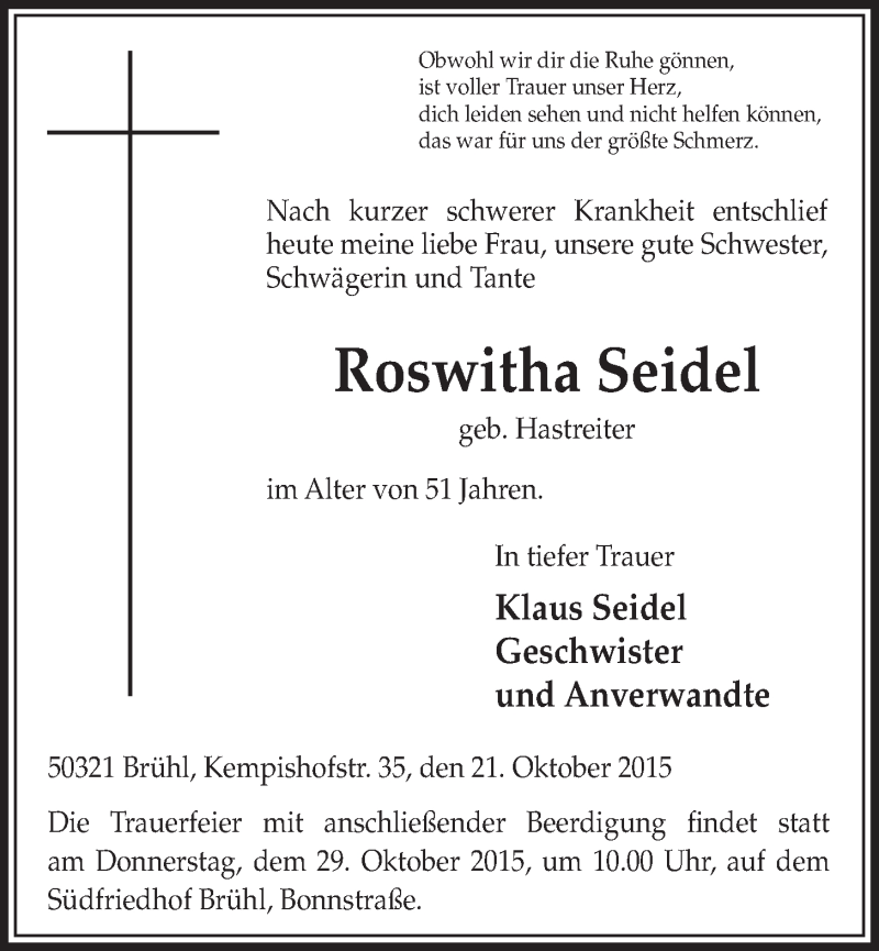  Traueranzeige für Roswitha Seidel vom 28.10.2015 aus  Schlossbote/Werbekurier 