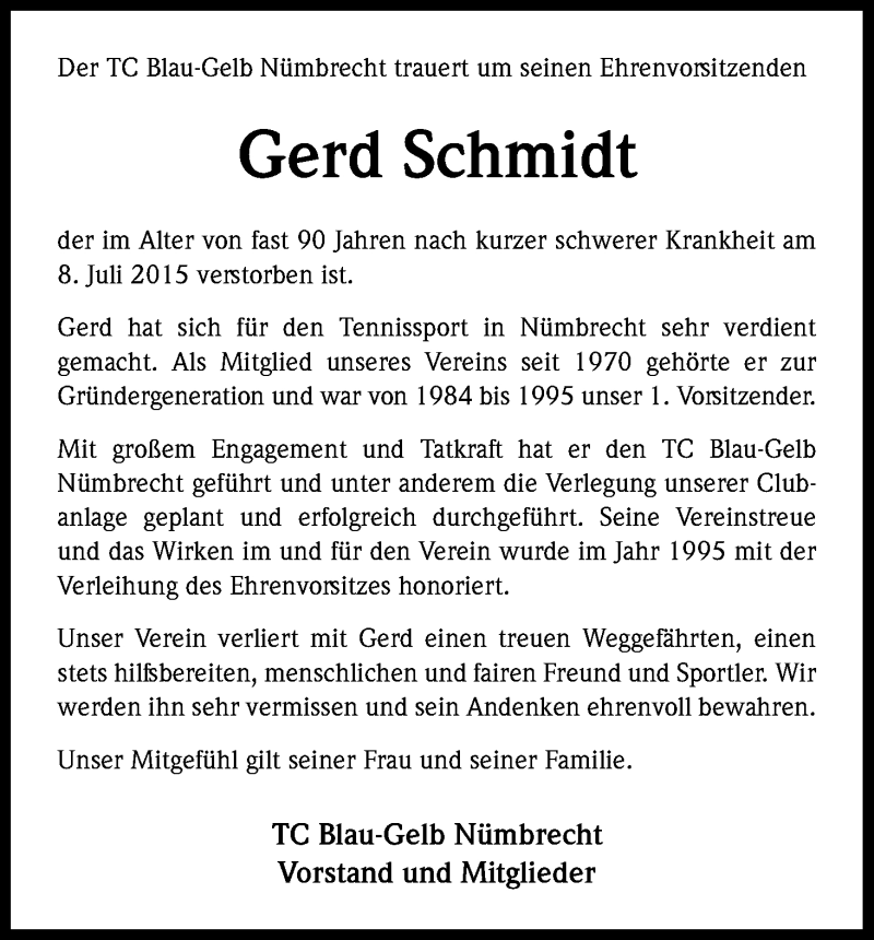  Traueranzeige für Gerd Schmidt vom 17.07.2015 aus Kölner Stadt-Anzeiger / Kölnische Rundschau / Express