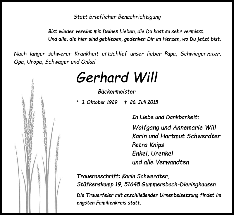  Traueranzeige für Gerhard Will vom 31.07.2015 aus Kölner Stadt-Anzeiger / Kölnische Rundschau / Express