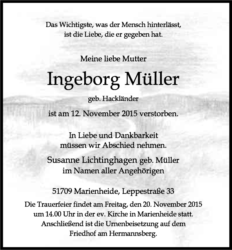  Traueranzeige für Ingeborg Müller vom 14.11.2015 aus Köln - Wir Trauern