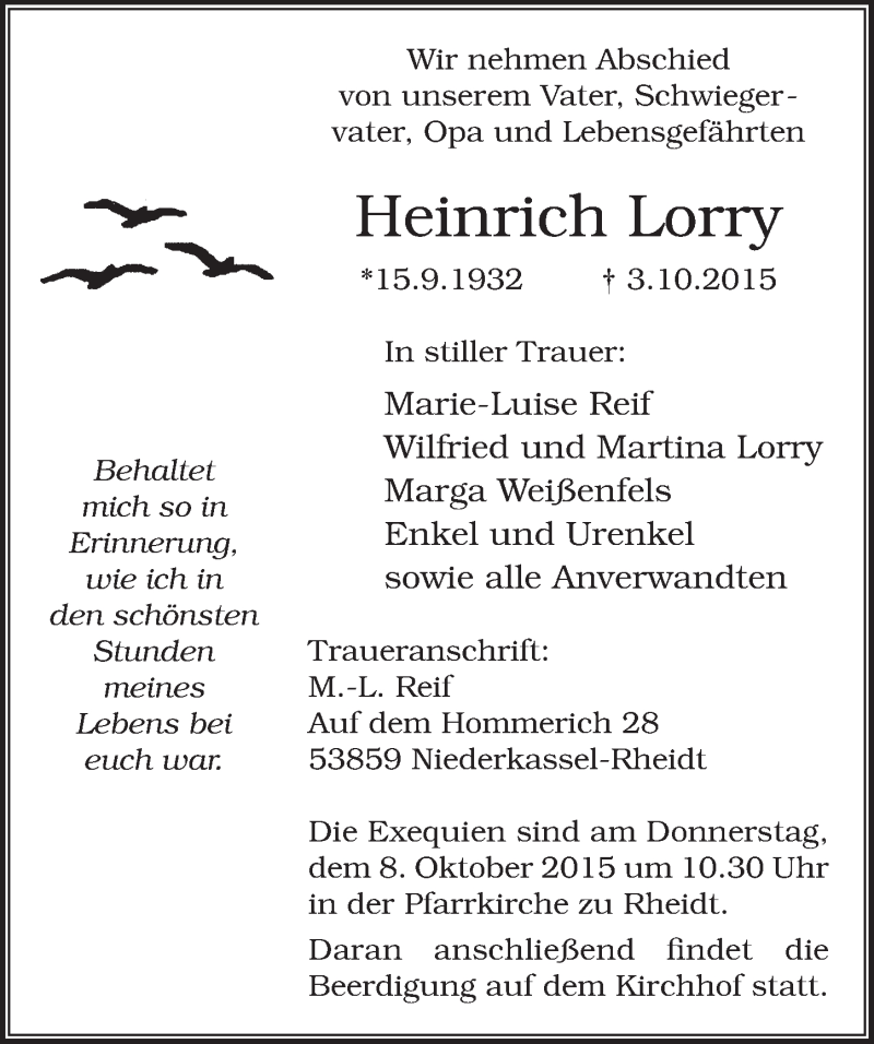  Traueranzeige für Heinrich Lorry vom 07.10.2015 aus  Extra Blatt 