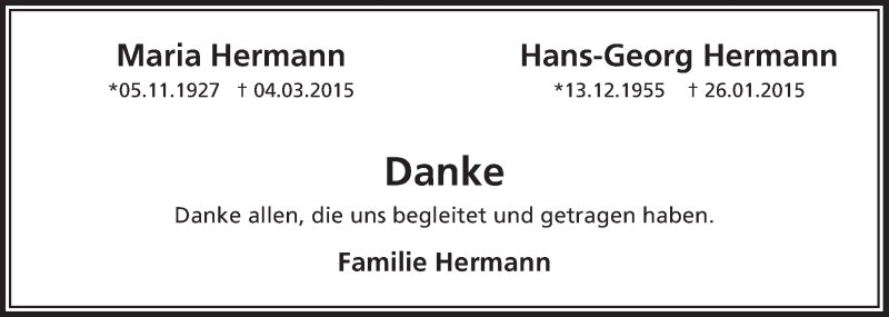  Traueranzeige für Maria und Hans-Georg Hermann vom 29.04.2015 aus  Lokalanzeiger 