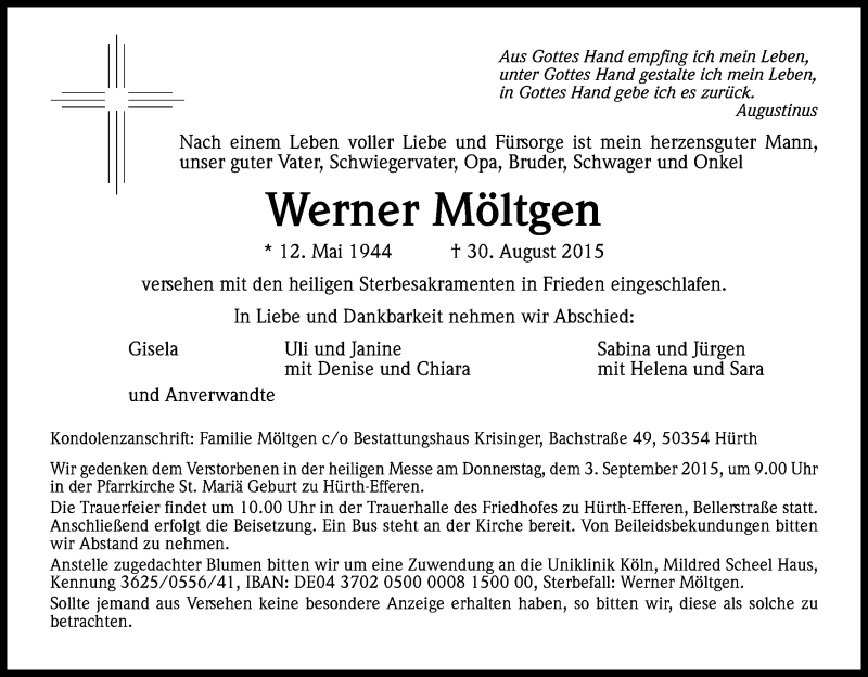  Traueranzeige für Werner Möltgen vom 02.09.2015 aus Kölner Stadt-Anzeiger / Kölnische Rundschau / Express