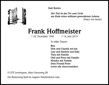 Anzeige von Frank Hoffmeister von Kölner Stadt-Anzeiger / Kölnische Rundschau / Express