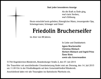 Anzeige von Friedolin Brucherseifer von Kölner Stadt-Anzeiger / Kölnische Rundschau / Express
