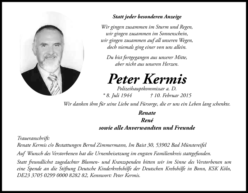  Traueranzeige für Peter Kermis vom 21.02.2015 aus Kölner Stadt-Anzeiger / Kölnische Rundschau / Express