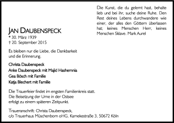 Anzeige von Jan Daubenspeck von Kölner Stadt-Anzeiger / Kölnische Rundschau / Express