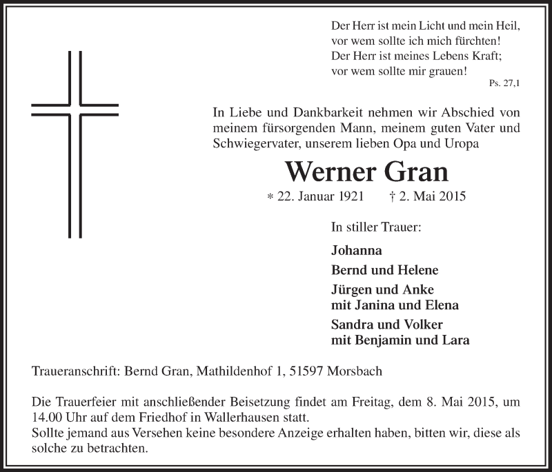  Traueranzeige für Werner Gran vom 06.05.2015 aus  Lokalanzeiger 