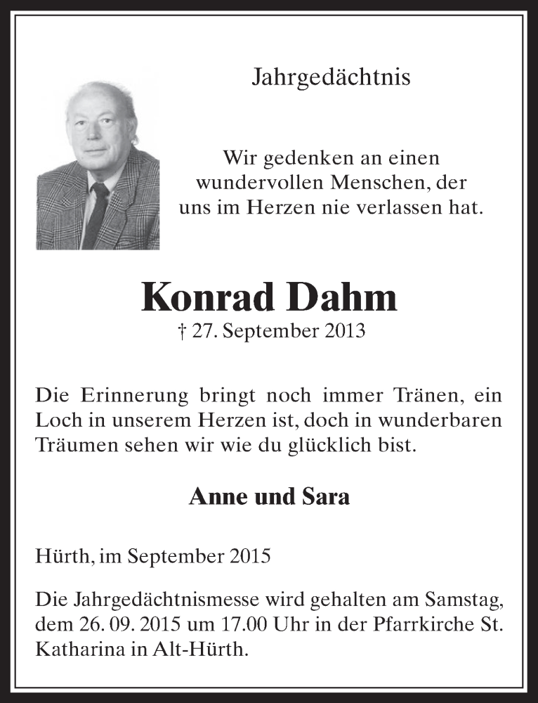  Traueranzeige für Konrad Dahm vom 23.09.2015 aus  Wochenende 