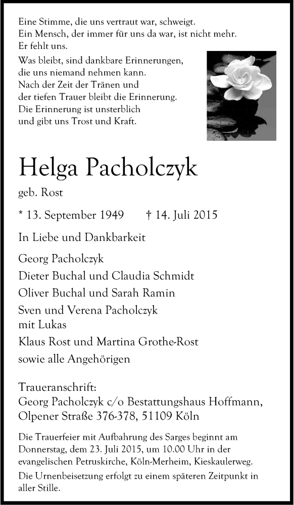 Traueranzeige für Helga Pacholczyk vom 18.07.2015 aus Kölner Stadt-Anzeiger / Kölnische Rundschau / Express