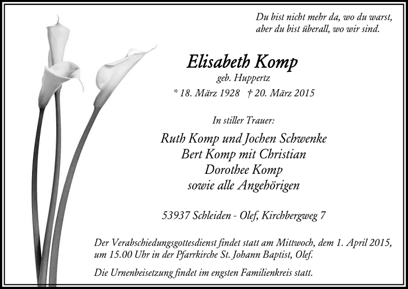  Traueranzeige für Elisabeth Komp vom 28.03.2015 aus Kölner Stadt-Anzeiger / Kölnische Rundschau / Express