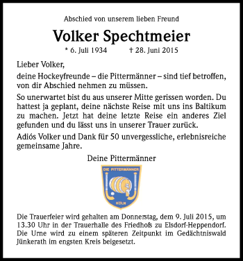 Anzeige von Volker Spechtmeier von Kölner Stadt-Anzeiger / Kölnische Rundschau / Express