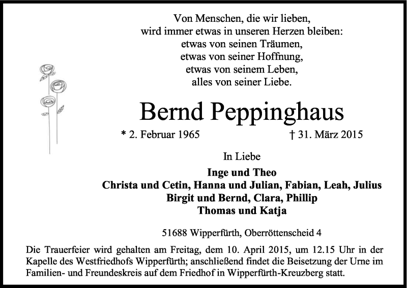  Traueranzeige für Bernd Peppinghaus vom 04.04.2015 aus Kölner Stadt-Anzeiger / Kölnische Rundschau / Express