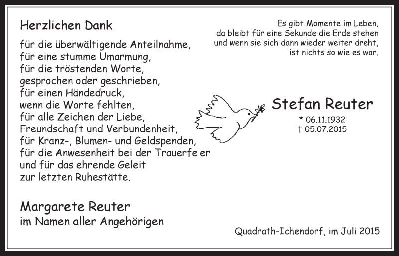  Traueranzeige für Stefan Reuter vom 29.07.2015 aus  Werbepost 