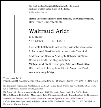Anzeige von Waltraud Arldt von Kölner Stadt-Anzeiger / Kölnische Rundschau / Express