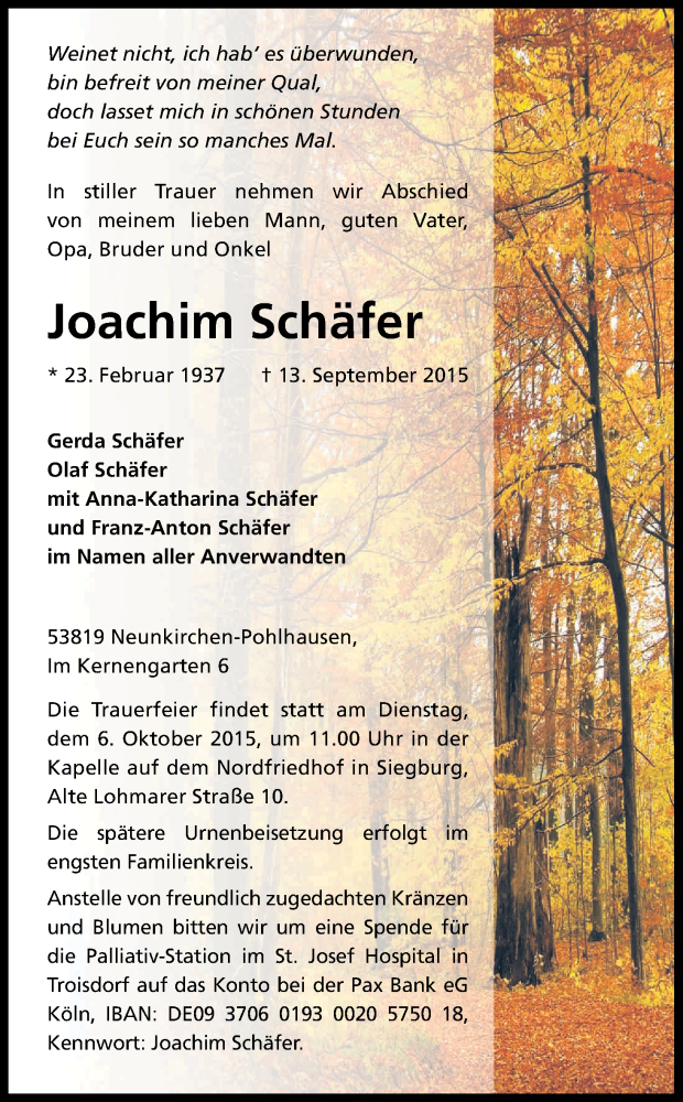  Traueranzeige für Joachim Schäfer vom 26.09.2015 aus Kölner Stadt-Anzeiger / Kölnische Rundschau / Express