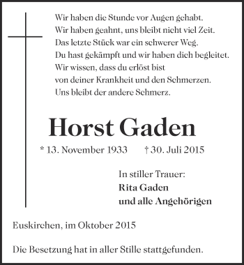 Anzeige von Horst Gaden von  Blickpunkt Euskirchen 