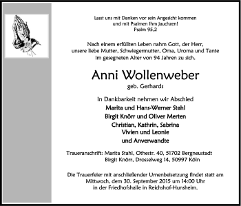 Anzeige von Anni Wollenweber von Kölner Stadt-Anzeiger / Kölnische Rundschau / Express