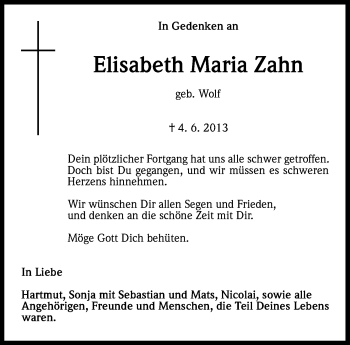Anzeige von Elisabeth Maria Zahn von Kölner Stadt-Anzeiger / Kölnische Rundschau / Express
