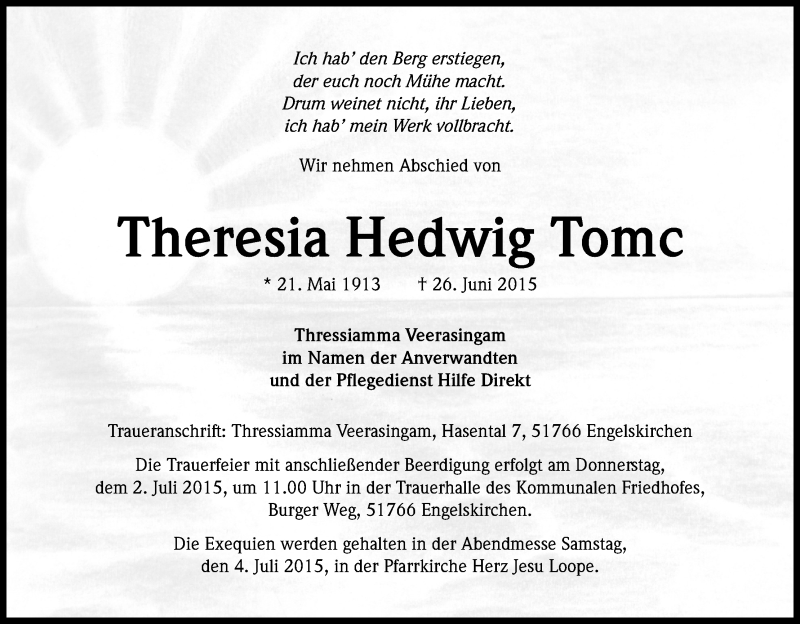 Traueranzeige für Theresia Hedwig Tomc vom 30.06.2015 aus Kölner Stadt-Anzeiger / Kölnische Rundschau / Express
