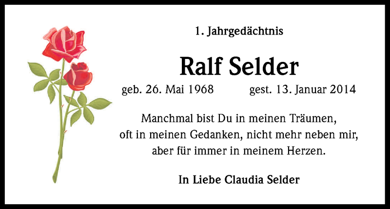  Traueranzeige für Ralf Selder vom 17.01.2015 aus Kölner Stadt-Anzeiger / Kölnische Rundschau / Express