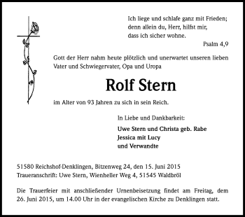 Anzeige von Rolf Stern von Kölner Stadt-Anzeiger / Kölnische Rundschau / Express