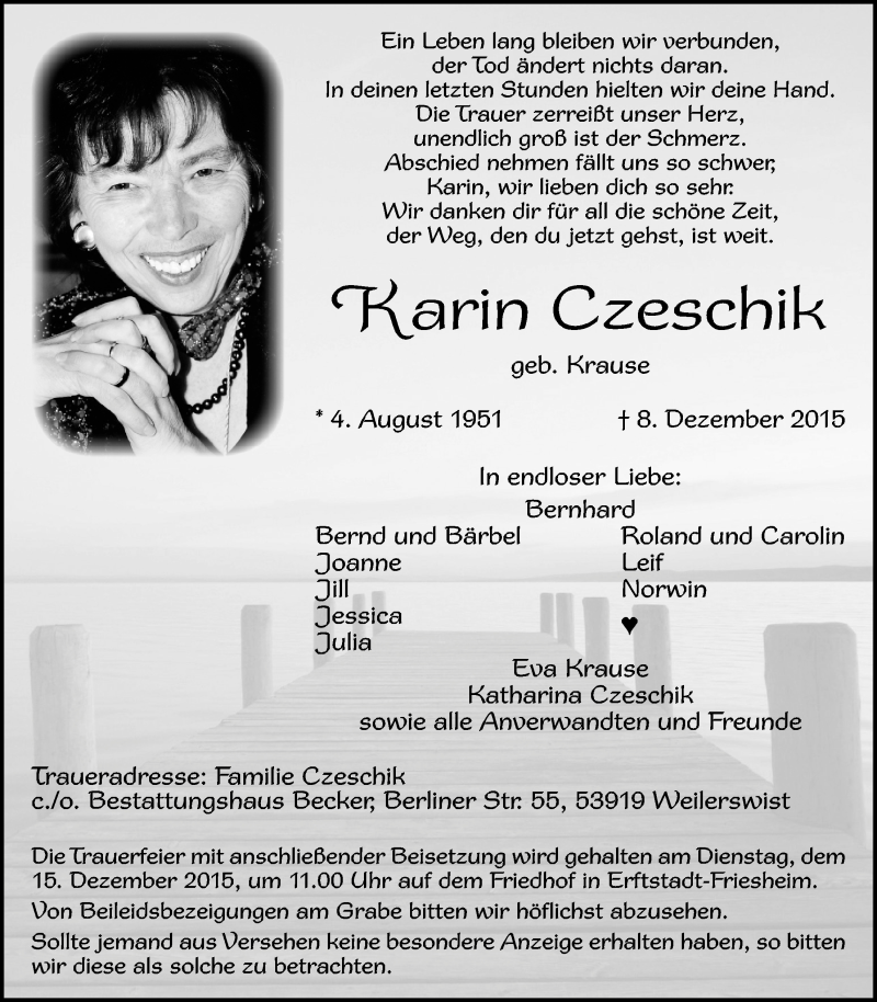  Traueranzeige für Karin Czeschik vom 13.12.2015 aus  Blickpunkt Euskirchen 