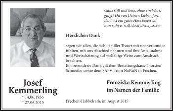 Anzeige von Josef Kemmerling von  Sonntags-Post 