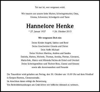 Anzeige von Hannelore Henke von Kölner Stadt-Anzeiger / Kölnische Rundschau / Express