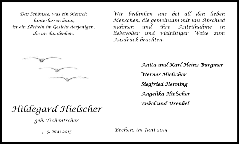  Traueranzeige für Hildegard Hielscher vom 03.06.2015 aus Kölner Stadt-Anzeiger / Kölnische Rundschau / Express