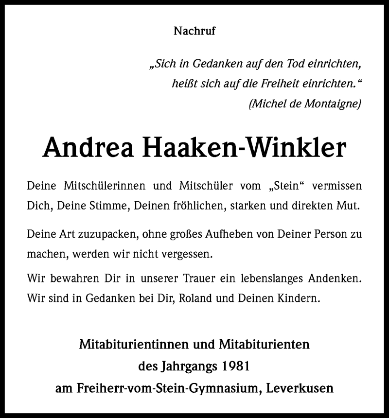  Traueranzeige für Andrea Haaken-Winkler vom 26.02.2015 aus Kölner Stadt-Anzeiger / Kölnische Rundschau / Express