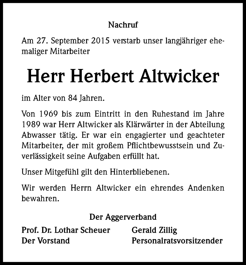  Traueranzeige für Herbert Altwicker vom 15.10.2015 aus Kölner Stadt-Anzeiger / Kölnische Rundschau / Express