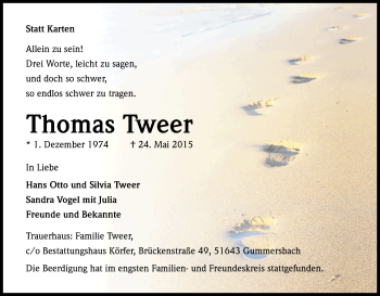 Anzeige von Thomas Tweer von Kölner Stadt-Anzeiger / Kölnische Rundschau / Express
