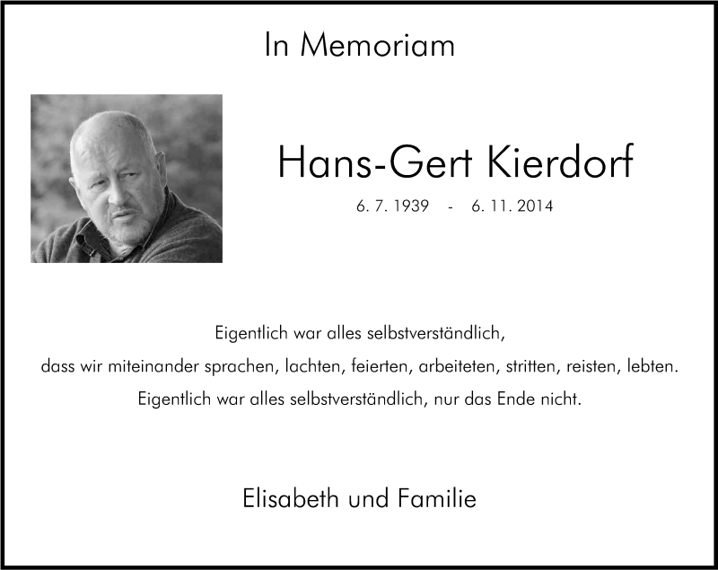  Traueranzeige für Hans-Gert Kierdorf vom 07.11.2015 aus Kölner Stadt-Anzeiger / Kölnische Rundschau / Express