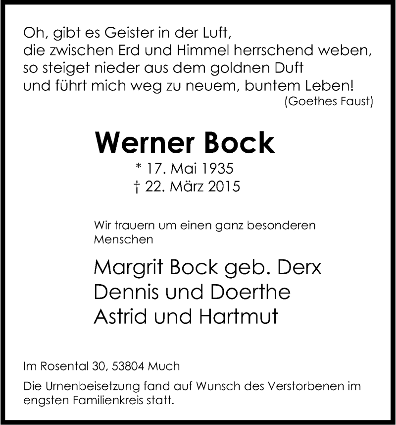  Traueranzeige für Werner Bock vom 04.04.2015 aus Kölner Stadt-Anzeiger / Kölnische Rundschau / Express