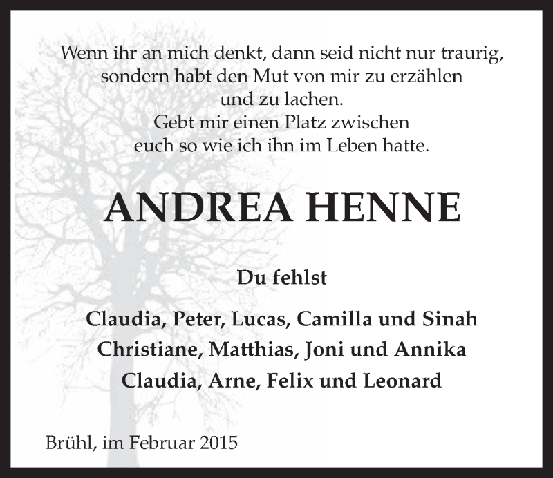  Traueranzeige für Andrea Henne vom 25.02.2015 aus  Schlossbote/Werbekurier 