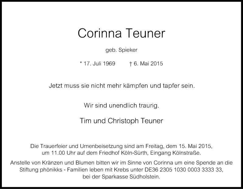  Traueranzeige für Corinna Teuner vom 09.05.2015 aus Kölner Stadt-Anzeiger / Kölnische Rundschau / Express
