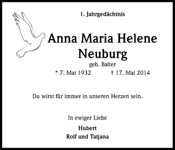Anzeige von Anna Maria Helene Neuburg von Kölner Stadt-Anzeiger / Kölnische Rundschau / Express