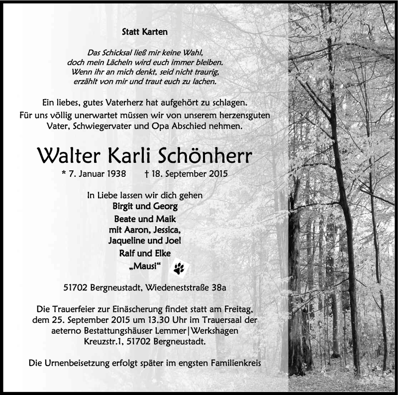 Traueranzeige für Walter Karli Schönherr vom 23.09.2015 aus Kölner Stadt-Anzeiger / Kölnische Rundschau / Express
