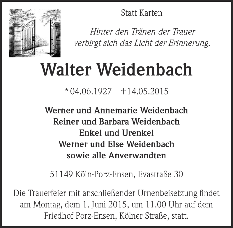  Traueranzeige für Walter Weidenbach vom 27.05.2015 aus  Kölner Wochenspiegel 