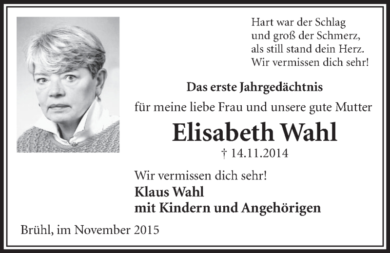  Traueranzeige für Elisabeth Wahl vom 11.11.2015 aus  Schlossbote/Werbekurier 