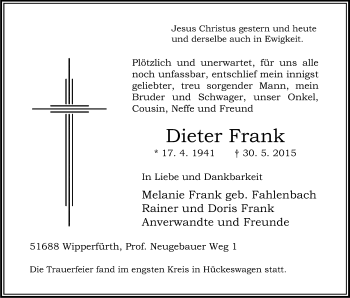 Anzeige von Dieter Frank von Kölner Stadt-Anzeiger / Kölnische Rundschau / Express