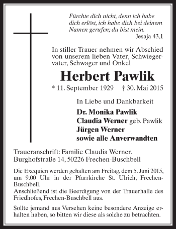 Anzeige von Herbert Pawlik von  Wochenende 