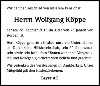 Anzeige von Wolfgang Köppe von Kölner Stadt-Anzeiger / Kölnische Rundschau / Express