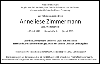 Anzeige von Anneliese Zimmermann von Kölner Stadt-Anzeiger / Kölnische Rundschau / Express