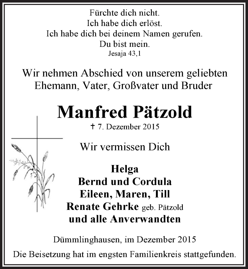  Traueranzeige für Manfred Pätzold vom 16.12.2015 aus  Anzeigen Echo 