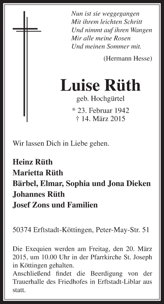  Traueranzeige für Luise Rüth vom 18.03.2015 aus  Werbepost 
