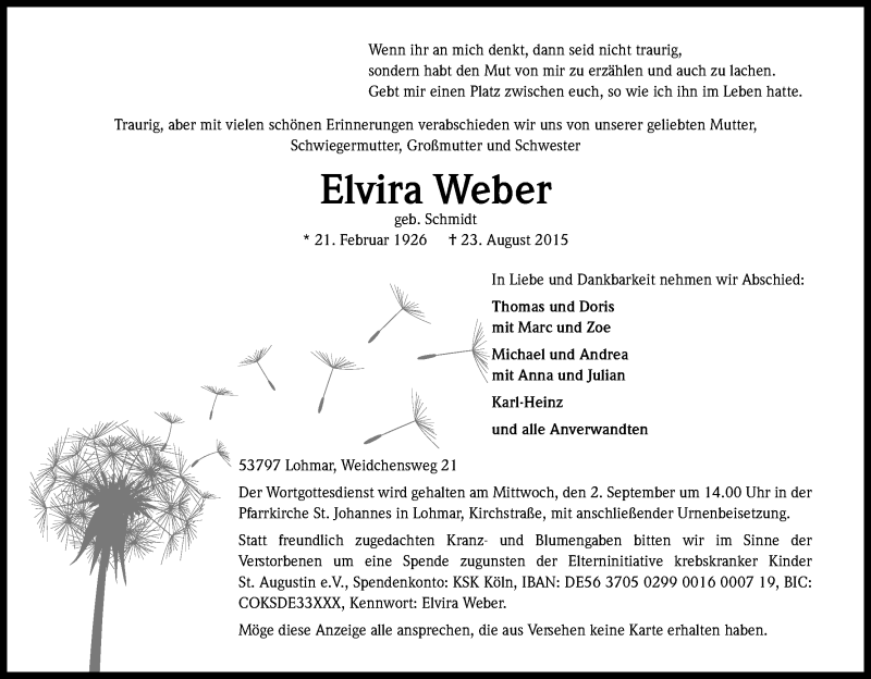  Traueranzeige für Elvira Weber vom 29.08.2015 aus Kölner Stadt-Anzeiger / Kölnische Rundschau / Express